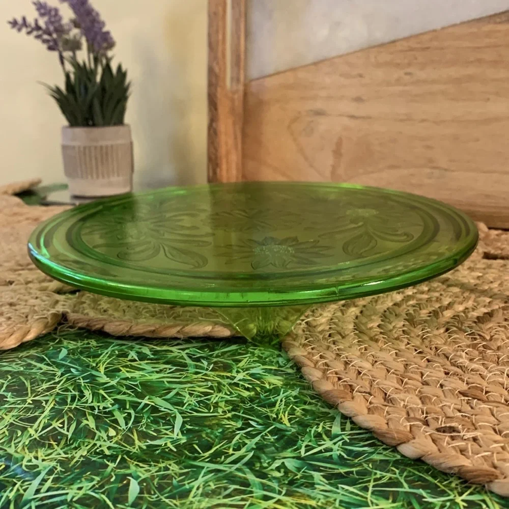 Vintage Jeanette GREEN cake stand plate, floral pattern, depression glass, EUC